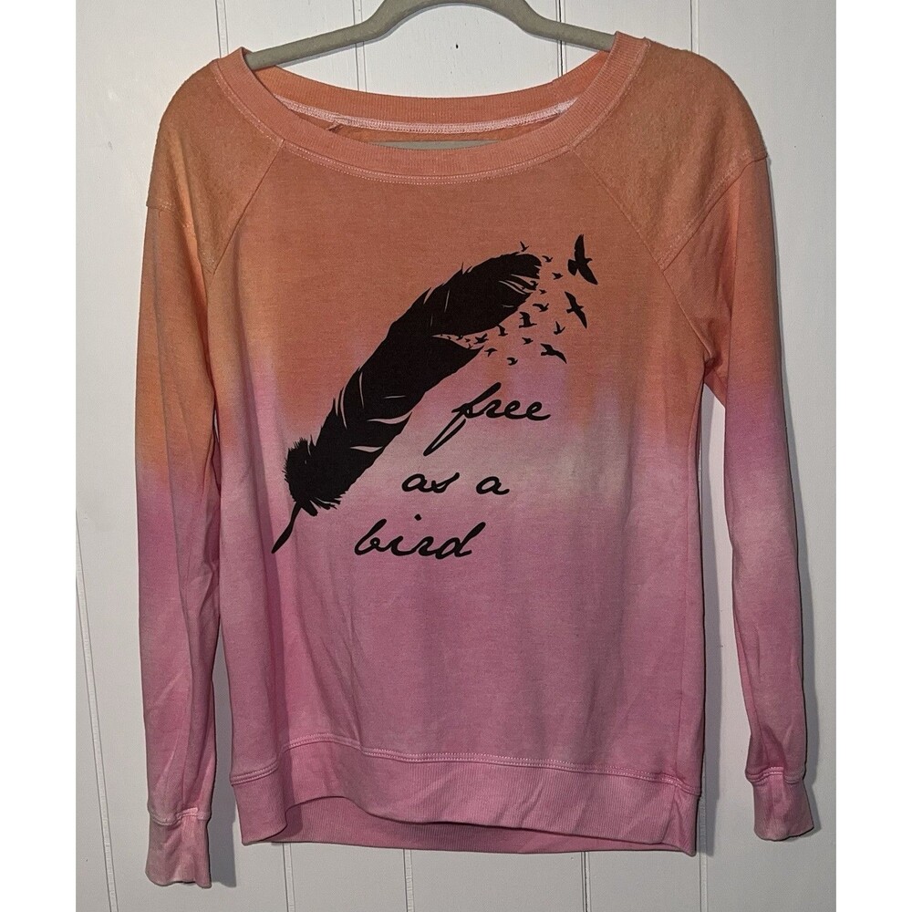 Chaser Ombre Pink & Orange Feather "Free as a Bird" Pullover Sweatshirt Small